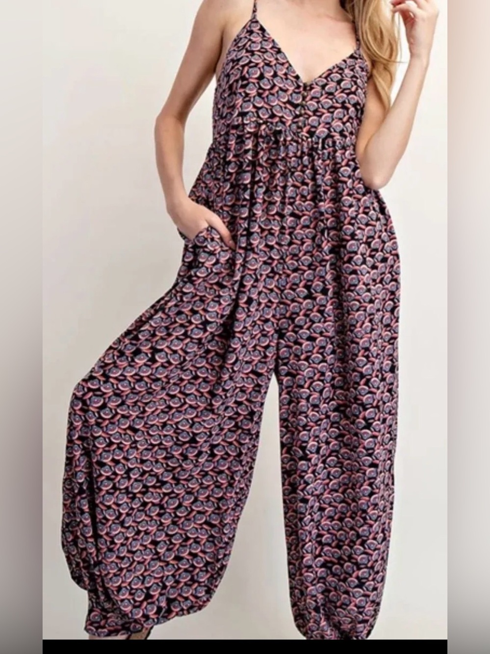 Printed Spaghetti Strap Jumpsuit in Navy and Pink with pockets